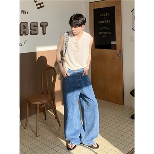 牛仔裤男春秋新款美式宽松直筒斜扣不对称结构裤子LN16111-P50图片