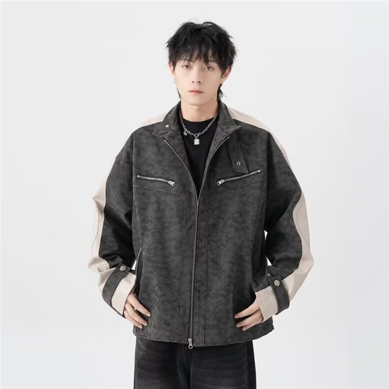 W9190-P80网图现货春季新款美式拼接PU皮夹克宽松潮牌立领外套,男装夹克,星座1608-2