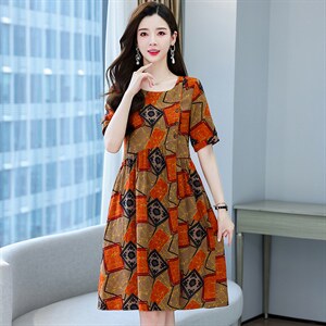 【现货】连衣裙夏中长款短袖口袋修身显瘦气质复古花纹印花，女装连衣裙，妃曼