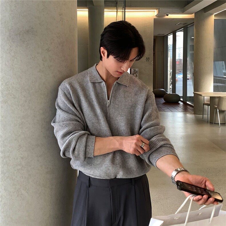 半拉链毛衣男秋冬季翻领针织衫宽松古着vintage休闲上衣,男装针织衫/毛衣,星座506A