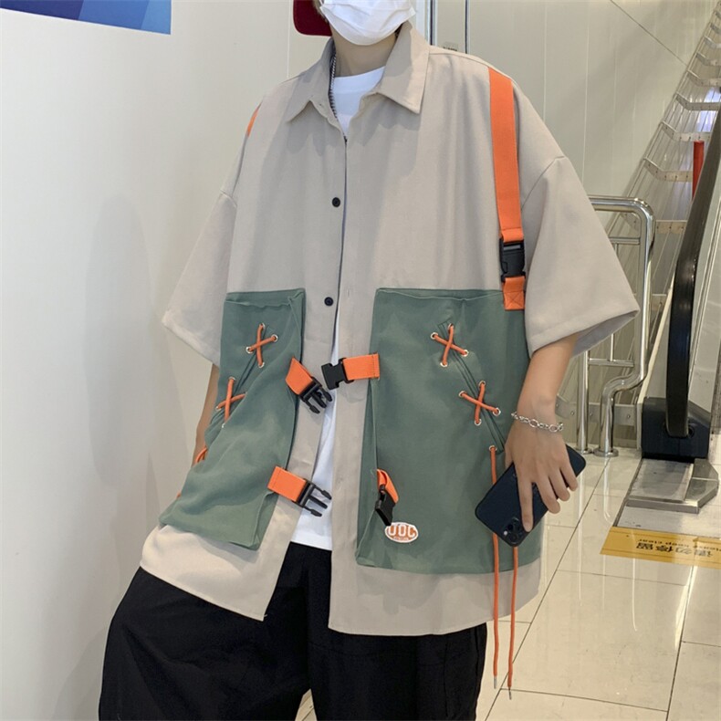 夏季潮流宽松假两件半袖T恤美式工装衬衫潮牌ins短袖W3434-P52,男装衬衫,星座512-2
