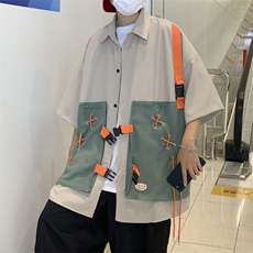 夏季潮流宽松假两件半袖T恤美式工装衬衫潮牌ins短袖W3434-P52，男装衬衫，星座512-2