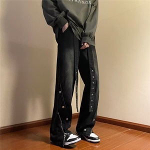 潮高街排扣牛仔裤男拉链开衩设计感宽松直筒拖地裤子N4004-P57图片