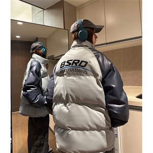 EQ346 PU皮棉衣撞色油墨印花冬季加厚面包服外套男女情侣装2024图片