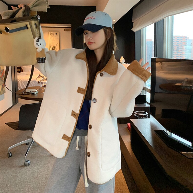 【新款现-货】羊羔毛外套新款百搭翻领加厚毛绒一体夹克P165-K245，女装羊羔毛/颗粒绒，浙宝285（原212）