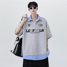 夏季拼接撞色衬衫领条纹美式复古假两件短袖T恤polo衫T146-P48，男装T恤，电商C307