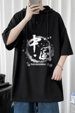 LD54134-P45连帽短袖t恤男大码胖子带帽五分袖中袖，男装T恤，电商A040
