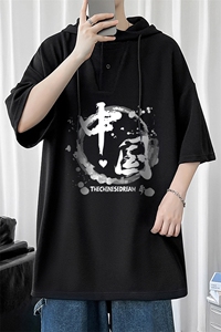 LD54134-P45 连帽短袖t恤男大码胖子带帽五分袖中袖图片