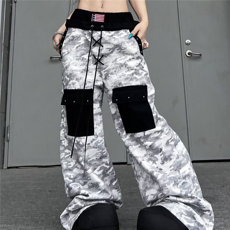 美式复古扎染印花休闲阔腿裤女新款宽松显瘦垂感高腰拖地牛仔长裤图片