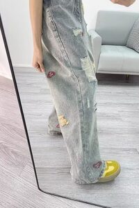 超火破洞牛仔裤女春秋水洗小熊刺绣设计感阔腿裤牛仔裤 NZK38-p55图片