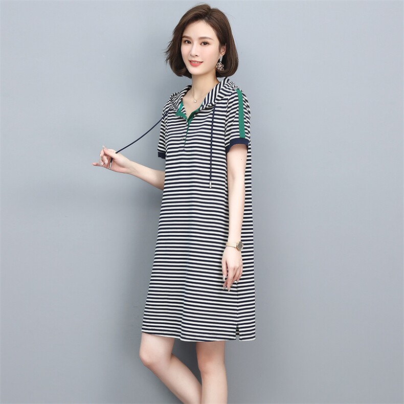2022年夏季新款韩版条纹连衣裙针织卫衣裙套头中长款通勤,女装连衣裙,忆绮罗