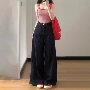 复古深蓝色加绒牛仔裤女秋冬遮胯显瘦宽松直筒裤子网图NF219J-P58图片