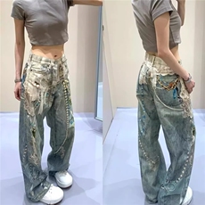 美式直筒牛仔裤AC风格年度牛王3D错觉印花链条挂饰泼水洗做旧长裤，男装牛仔裤，星座1210-1
