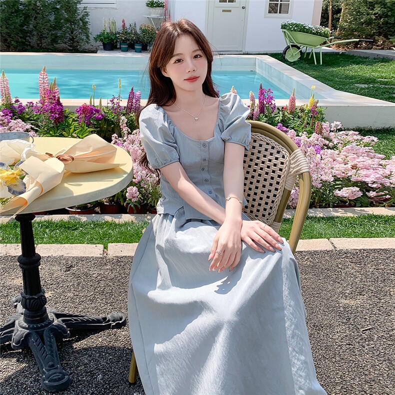 高级感小众蓝色套装裙女2025年夏季韩系显瘦上衣半身裙减龄两件套,女装套装/套裙,2C212
