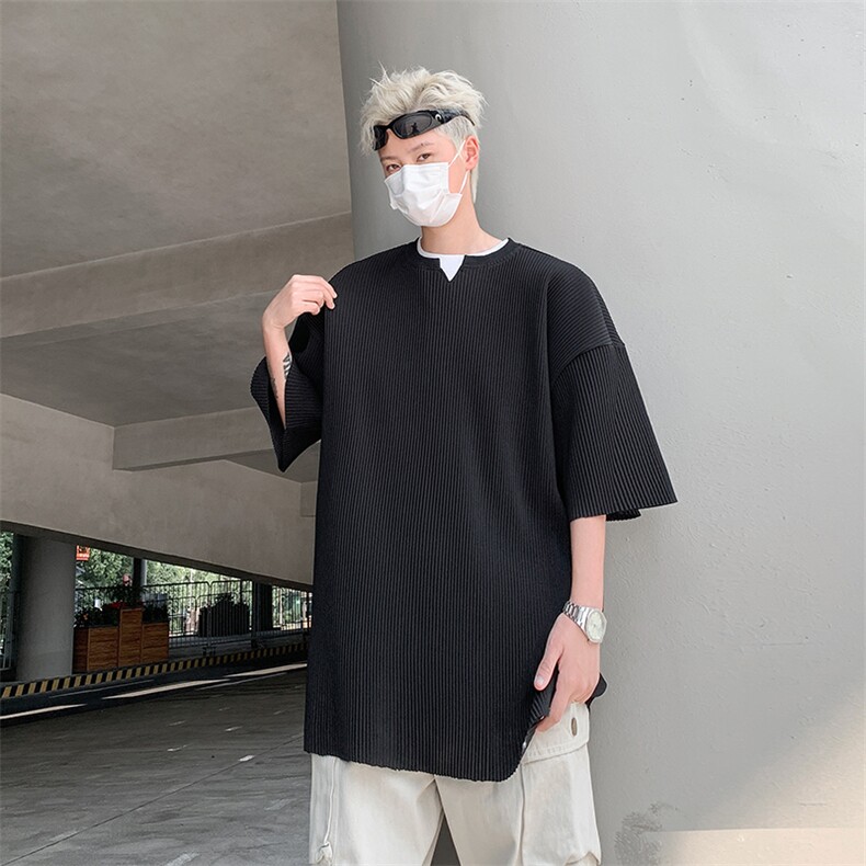 夏款男短袖T恤冰丝百褶皱小V领宽松T恤衫T029P35,男装T恤,星座1013-1