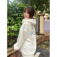 美式高街蓝花卉字母连帽卫衣男女秋季设计感宽松小众帽衫上衣潮，男装卫衣，星座601-1
