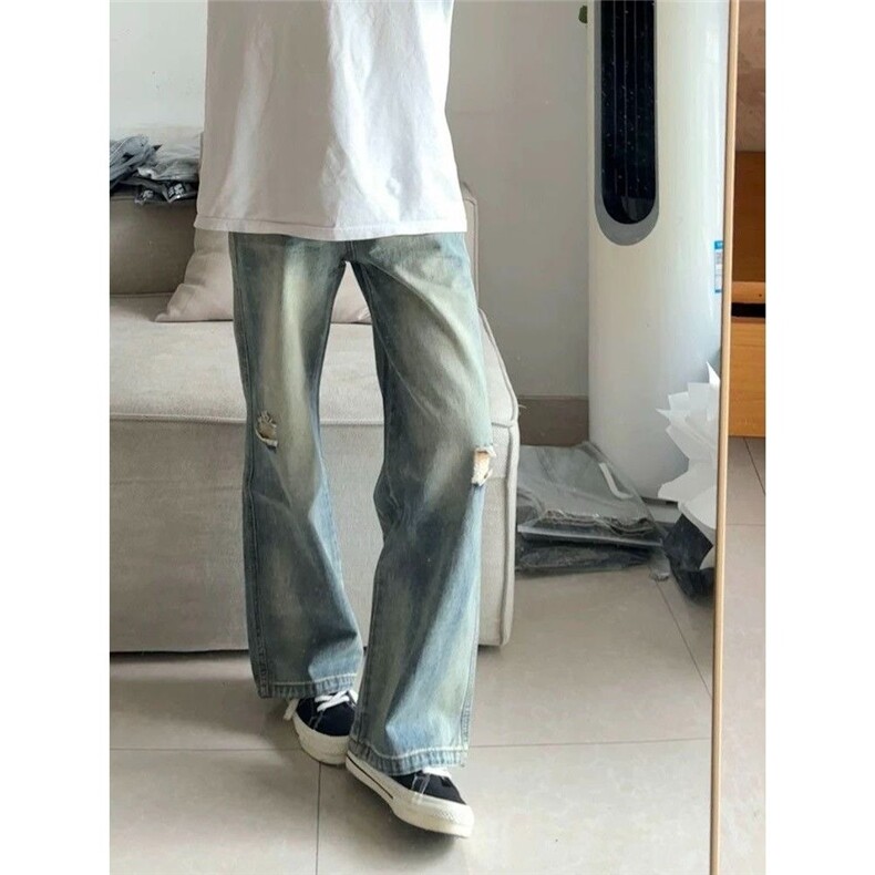 怀旧蓝破洞窄版阔腿牛仔裤男中腰遮胯显瘦直筒拖地裤NWY30,男装牛仔裤,星座208-5