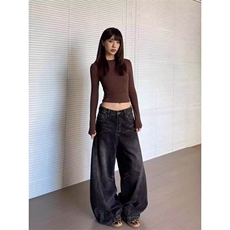 美式复古水洗cleanfit弯刀牛仔裤男女百搭宽松阔腿裤子LG1399-p58，男装牛仔裤，星座1008