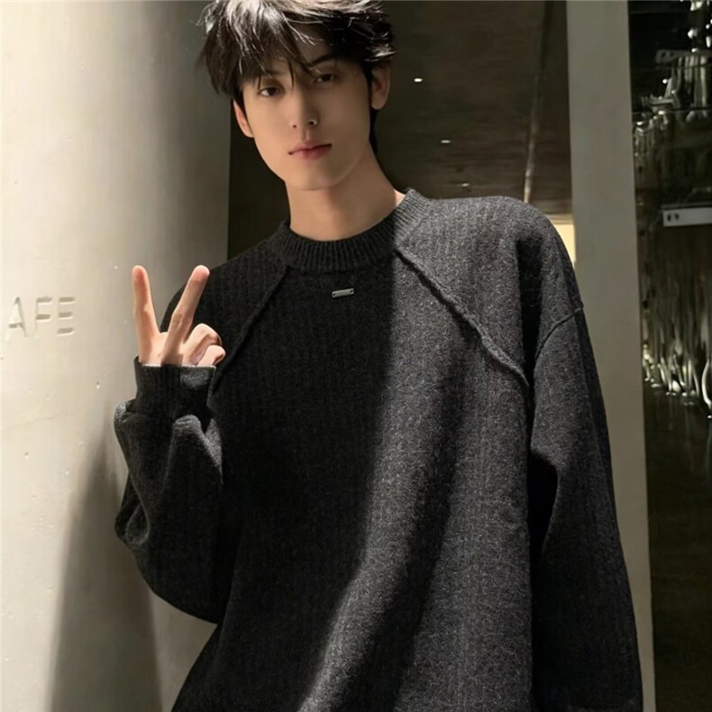 马年红色圆领毛衣男款冬季加厚金属设计感扣针织衫慵懒内搭打底衫,男装T恤,星座1210-1