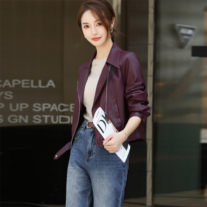 翻领港味休闲宽松显瘦时尚百搭短款皮衣外套女2024秋季新款皮夹克,女装皮衣,欧兰熙