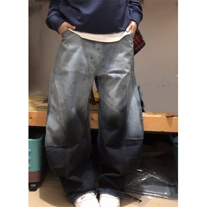 美式高街直筒牛仔裤男女新款复古宽松高腰显瘦阔腿拖地裤子-AK097