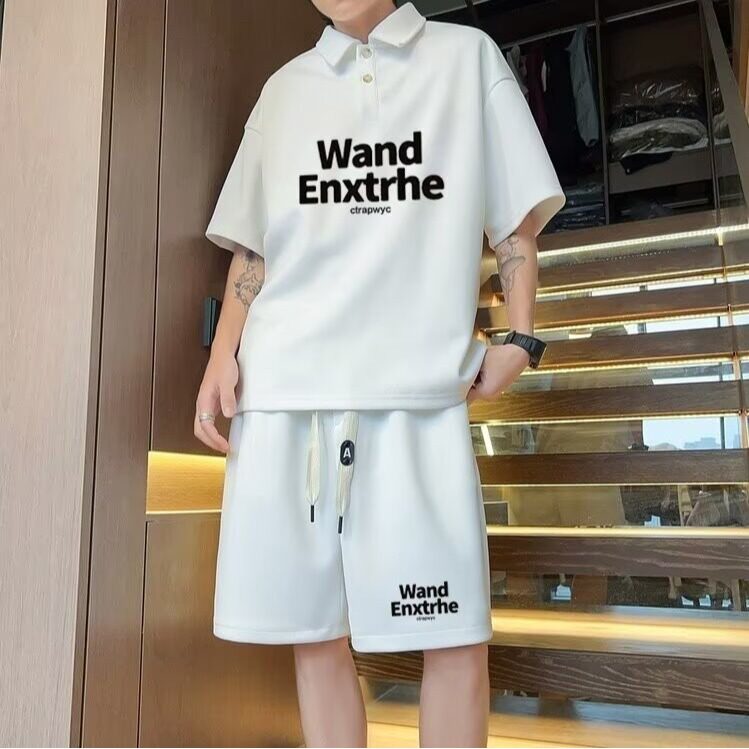 华夫格套装男夏季冰丝宽松印花短袖T恤短裤潮牌ins港风运动两件套,男装T恤,星座1210-1