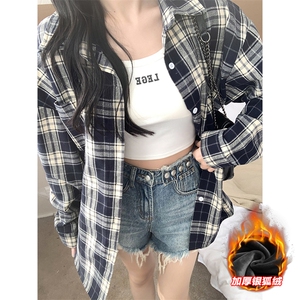 加绒保暖银狐绒格子翻领长袖衬衫男大码衬衣C5450J加绒-特P38控68图片