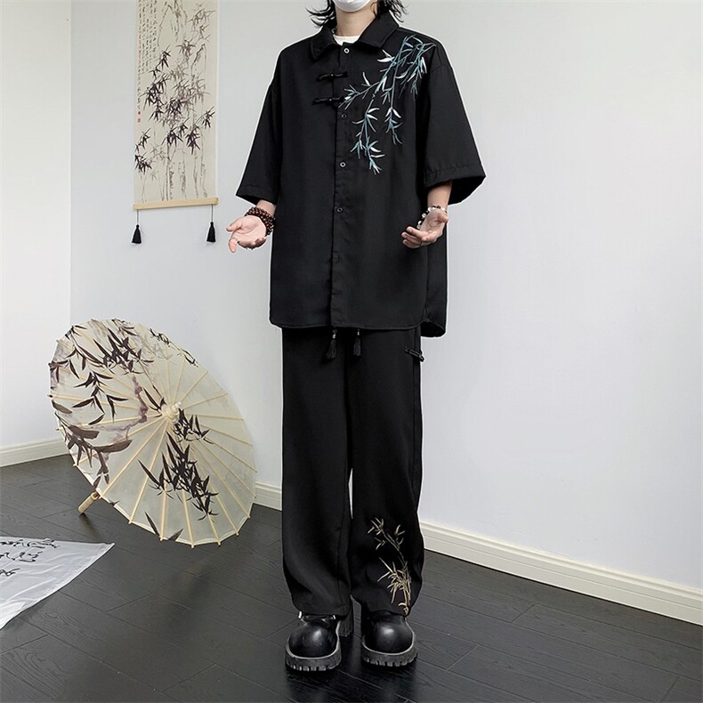 风套装男士夏季竹子刺绣痞帅高级感冰丝衬衫男装新中式两件套,男装衬衫,星座505-2（原电商A260-1)