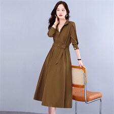 新款长袖风衣式连衣裙女春秋新款收腰显瘦复古气质风衣裙送腰带，女装连衣裙，韩美纤衣