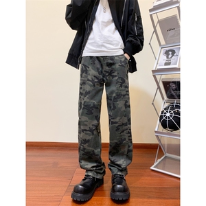 美式街头嘻哈工装裤高街潮牌复古迷彩牛仔裤宽松直筒长裤GJ229P45图片
