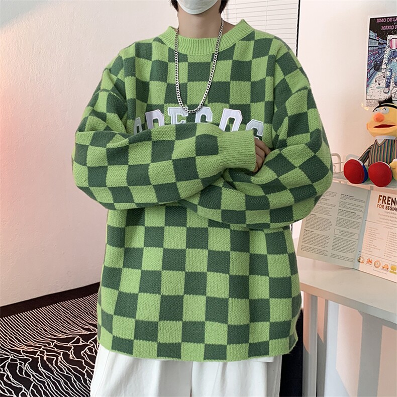 古着vintage圆领毛衣男女棋盘格子设计感慵懒风针织衫M293-P45,男装针织衫/毛衣,星座512-4