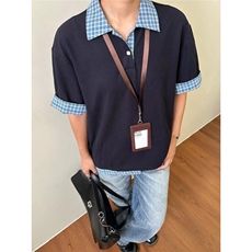 假两件格纹拼接短袖polo衫男夏季美式t恤上衣CTX20，男装T恤，星座208-5