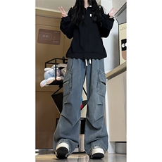 港风水洗直筒牛仔裤男女同款复古休闲工装潮流宽松长裤K646TP55，男装牛仔裤，电商A102B