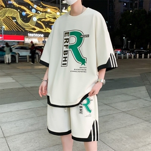 84332-P55学生短袖短裤一套男孩潮牌潮流套装青少年港风T恤两件套