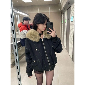 现货重磅boxy短款棉衣座山雕大毛毛领男女棉服水洗工装厚外套图片