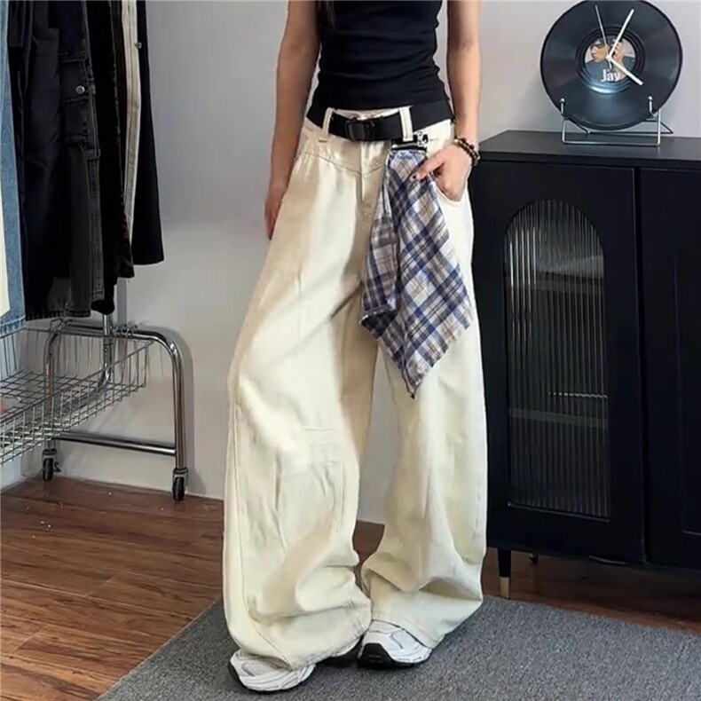 水洗巴黎米白色弯刀牛仔裤女2025夏季薄款高级感直筒阔腿镰刀裤子,男装牛仔裤,星座1210-1