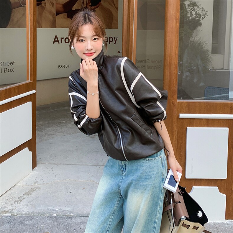 休闲撞色拼接咖色皮衣外套女春秋2025新款小个子PU夹克爆款高级感,女装皮衣,2C256