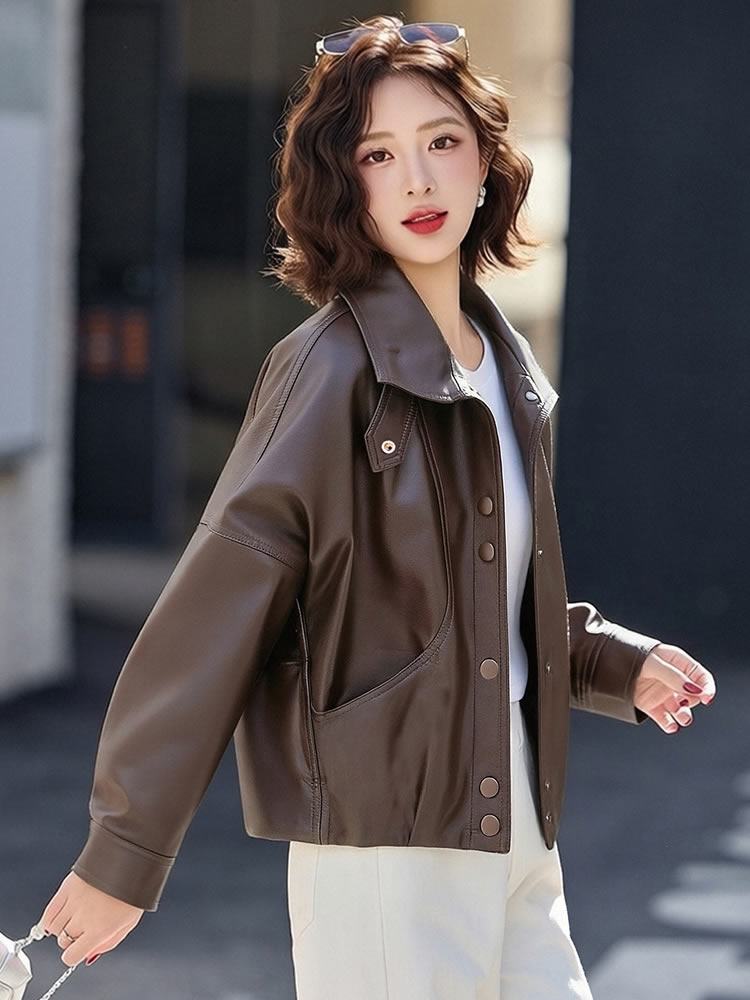 现货短款皮衣外套女新款春秋小个子酷飒气质宽松休闲减龄PU皮夹克,女装皮衣,韩蔻秀