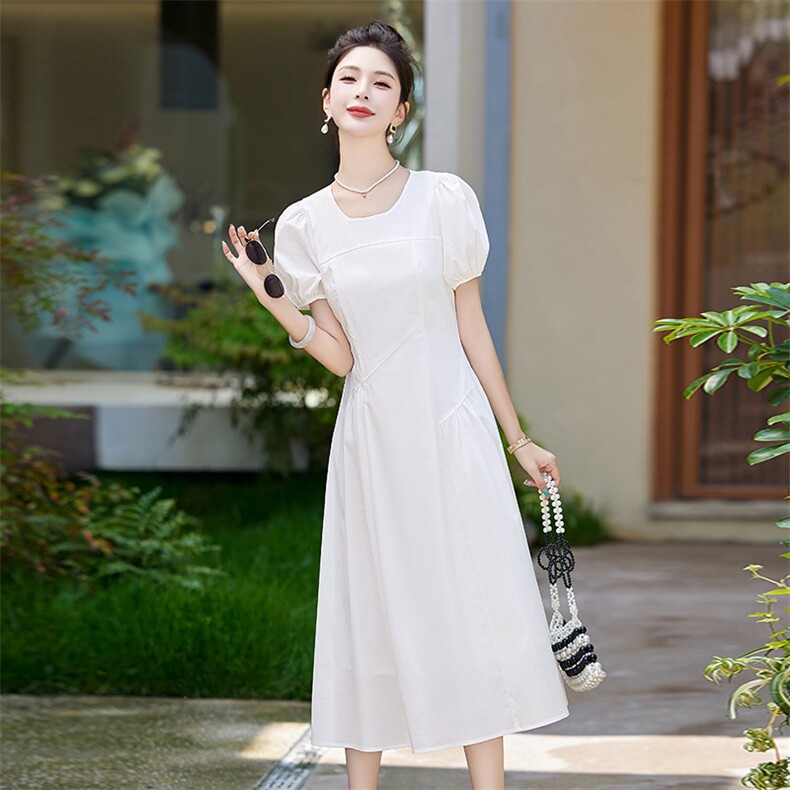 清新绿色纯棉连衣裙女2024夏季新款泡泡袖褶皱收腰显瘦气质长裙子,女装连衣裙,蓝诺裳