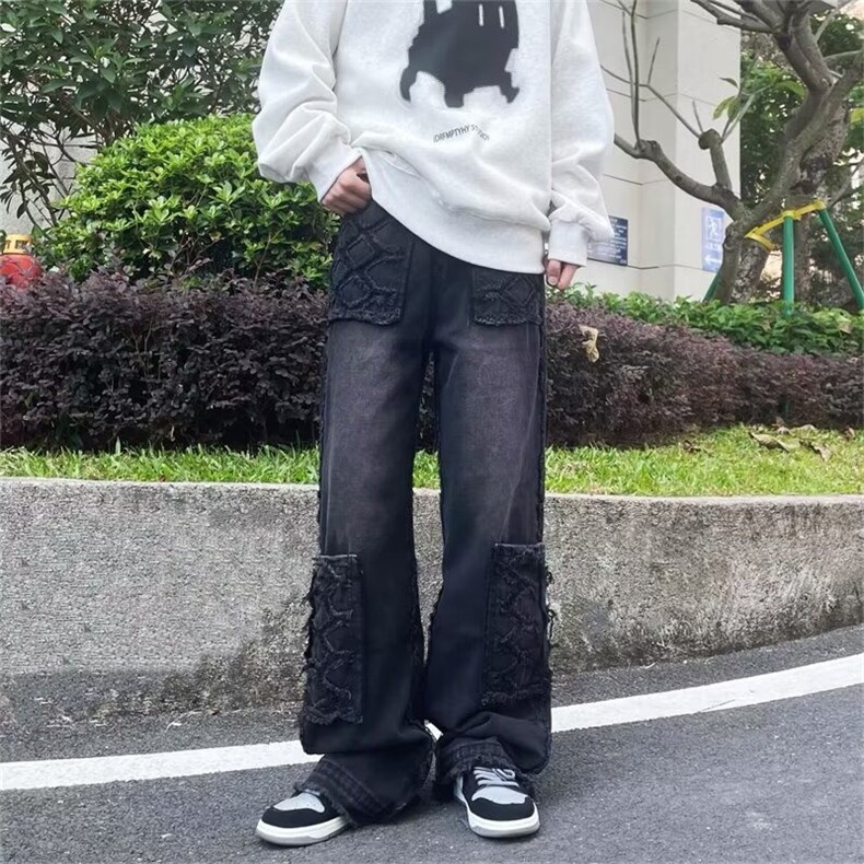 美式复古多口袋牛仔裤男女直筒宽松休闲长裤欧美高街潮牌裤P69图片