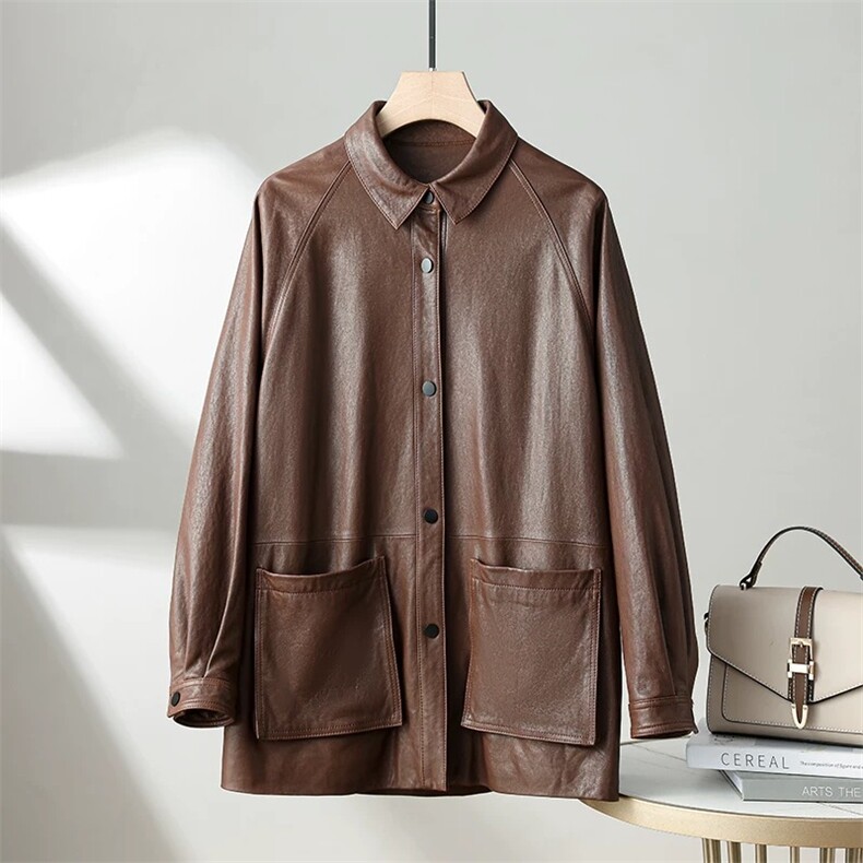 老钱风高级植鞣皮中长款衬衫外套，女装皮衣，禾雯电商供货
