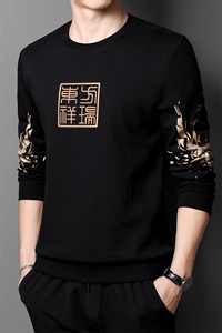 潮刺绣卫衣2023春季新款中青年男装上衣服圆领长袖纯色打底t恤图片