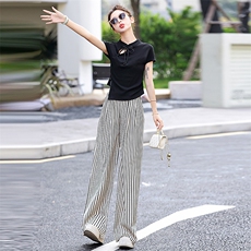新中式国风时尚套装女2024夏季新款气质盘扣T恤条纹直筒裤两件套，女装套装/套裙，芭米依尚