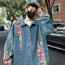 新款风绣花拼接翻领牛仔外套男女情侣宽松上衣夹克潮25666-p70，男装工装外套，星座1008