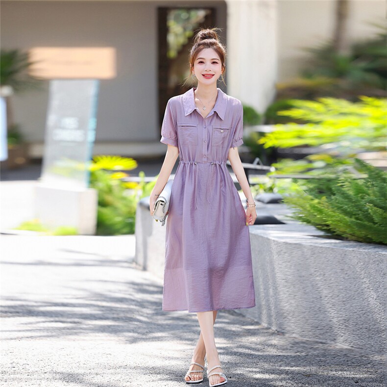 莱赛尔天丝连衣裙女2025新款夏季中长款高级感收腰减龄衬衫a字裙,女装连衣裙,梦芯尔