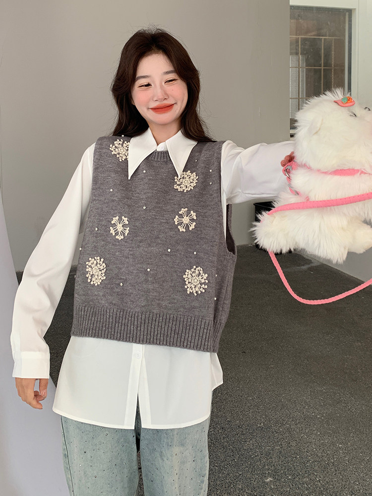 时尚设计感立体花朵针织马甲套装女2025春季小个子气质衬衫两件套,女装马甲,维壹