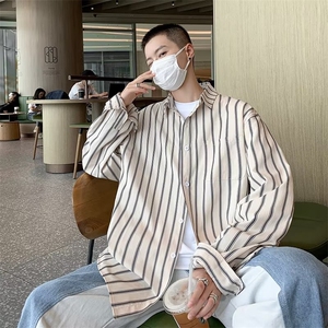 条纹长袖衬衫男新款复古潮流学生宽松休闲衬衣外套CS350P36,红色条纹v领针织开衫搭配秋冬图片