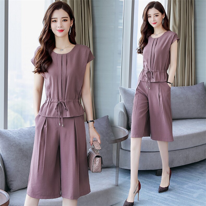 垂感连体阔腿裤套装女夏装2026年新款洋气时尚雪纺七分裙裤两件套，女装套装/套裙，兰菲阁