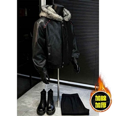 现货冬季美式潮牌痞帅PU皮机车服棉衣毛毛绒狼王座山雕皮棉服，男装棉衣，电商A486
