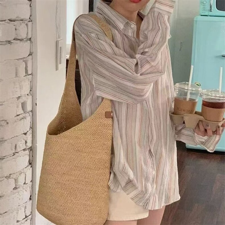 拉夏贝尔防晒条纹衬衫女夏季2025新款慵懒风宽松休闲长袖开衫上衣,男装衬衫,星座1210-1
